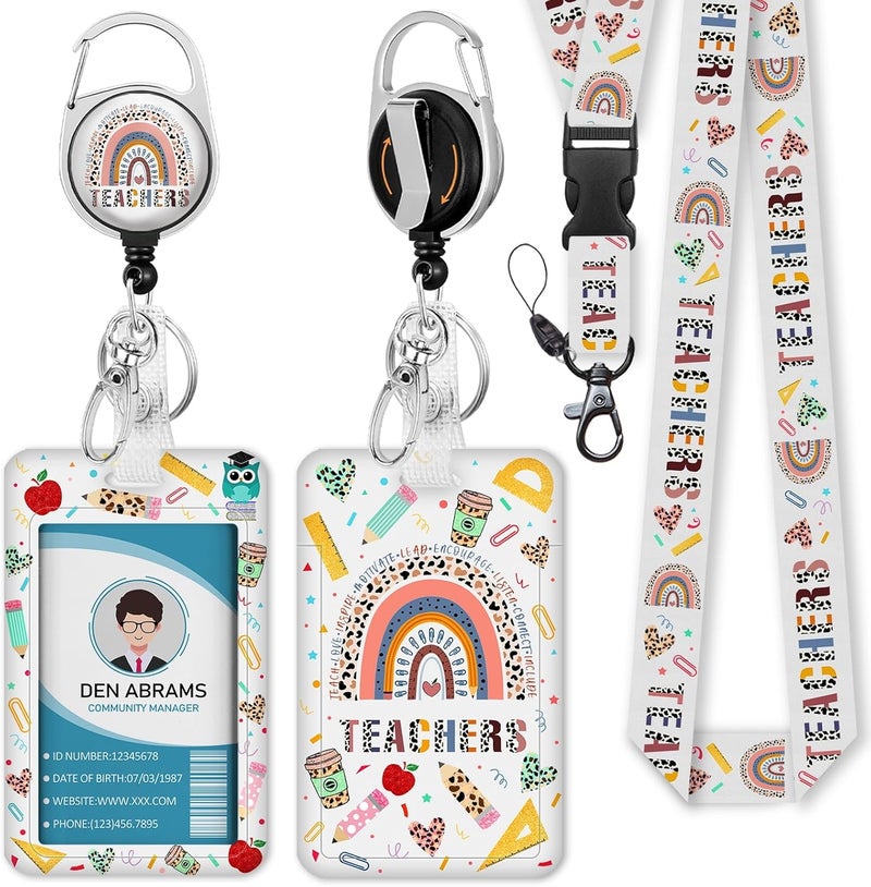 Piefly Teacher Lanyards for Id Badges, Rainbow Teachers Badge Holder with Retractable Reel Clip, Adjustable Breakaway Name Tag Lanyard Vertical ID Card Protector Case for Nurse Nursing Doctor Student - Image 1
